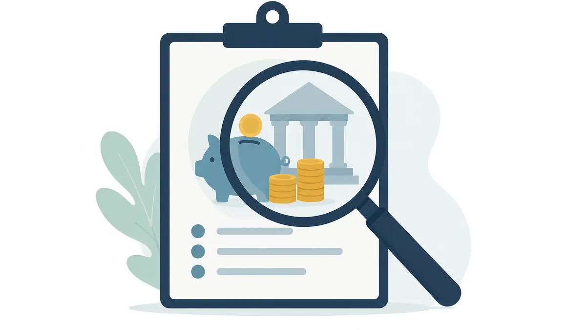 Flat illustration of a magnifying glass held over a clipboard, showing a bank building, a piggy bank and stacks of coins.