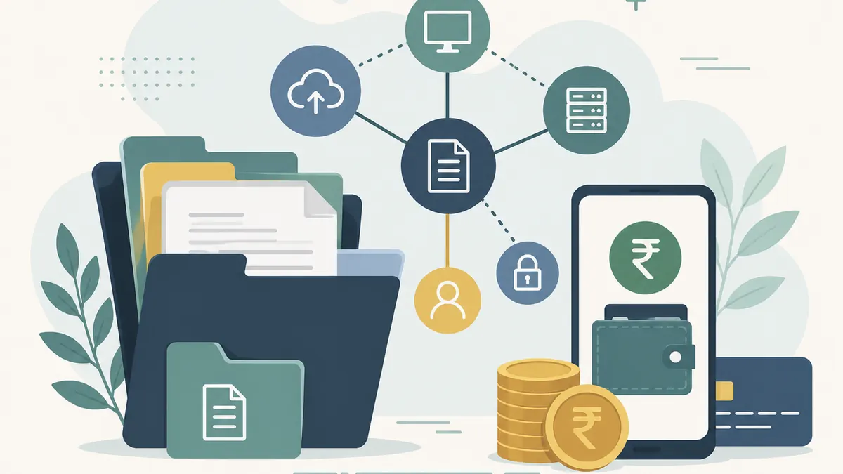 Flat illustration of document folders linked to a network of cloud, server and account icons, beside a phone showing a rupee wallet.