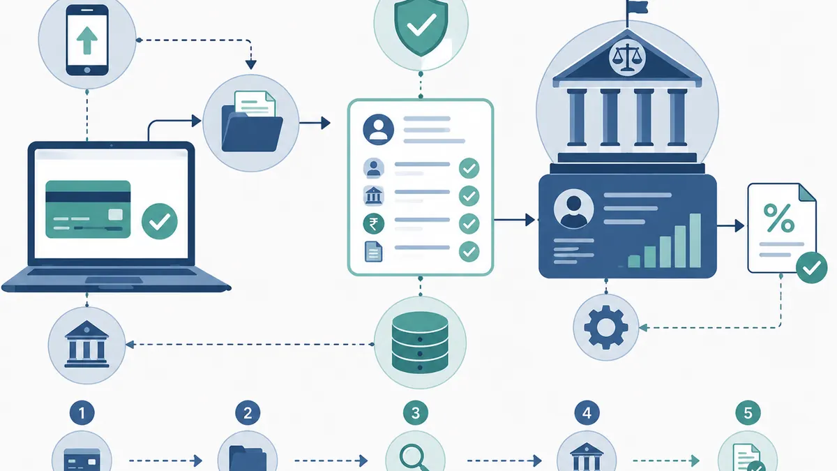 Flat illustration of a card payment on a laptop flowing through checks and a database into a government building and a numbered review process.