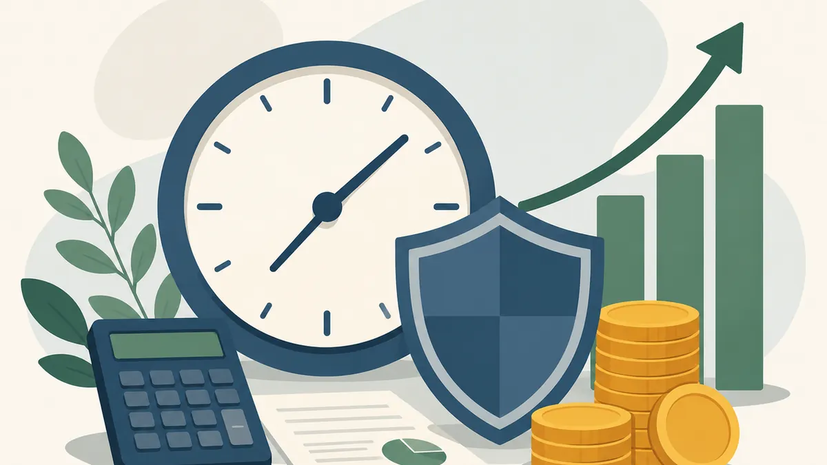 Flat illustration of a large clock beside a shield, a rising bar chart, stacked coins and a calculator.