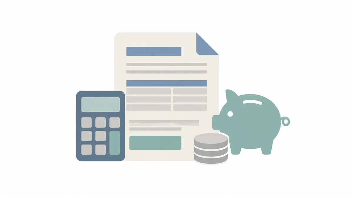Flat illustration of a printed form beside a calculator, a stack of coins and a piggy bank.