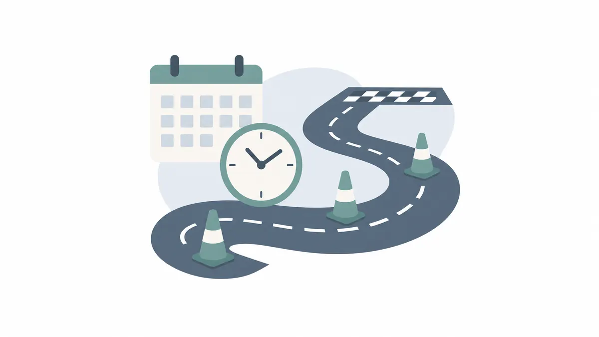 Flat illustration of a winding road marked with traffic cones and a chequered finish line, beside a calendar and a clock.