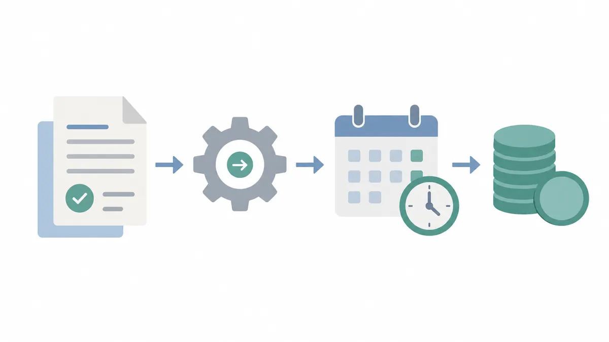 Flat illustration of four stages joined by arrows: an approved document, a gear, a calendar with a clock, then a stack of coins.